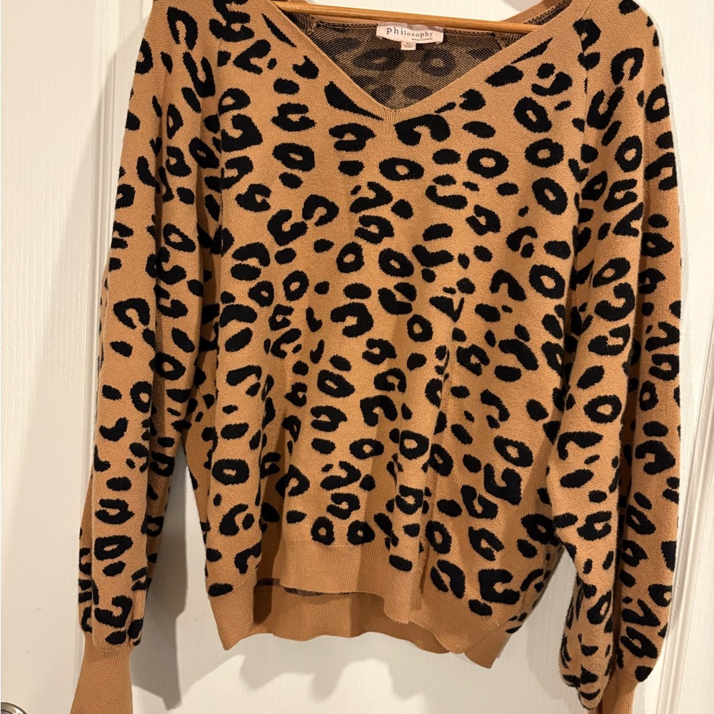 Philosophy Tan and Black Leopard V-Neck Sweater